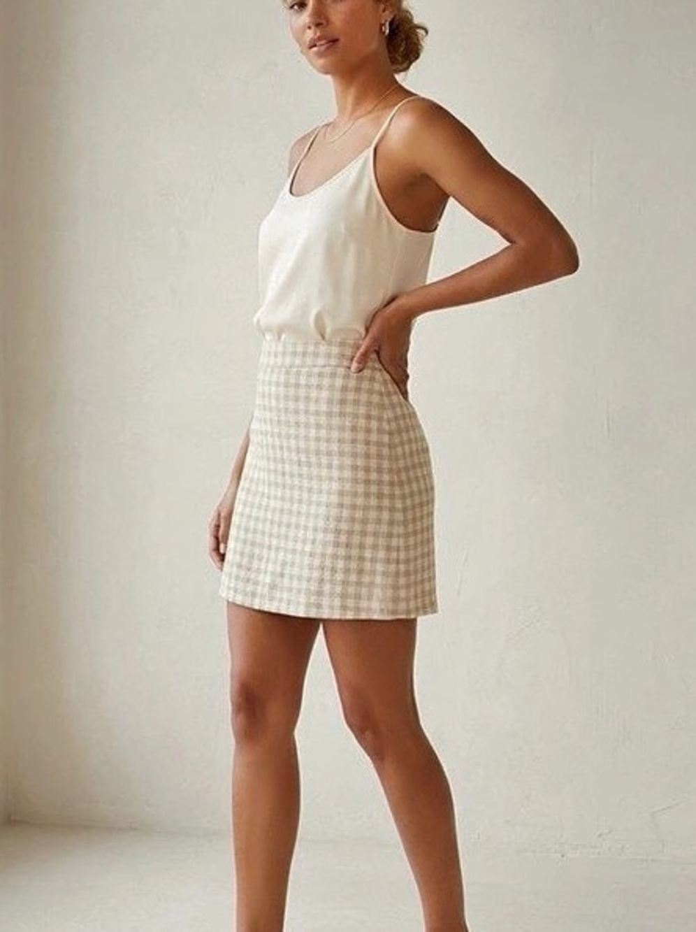 Max Studio London Boho Cottagecore Gingham Linen Cotton Blend Mini Skirt